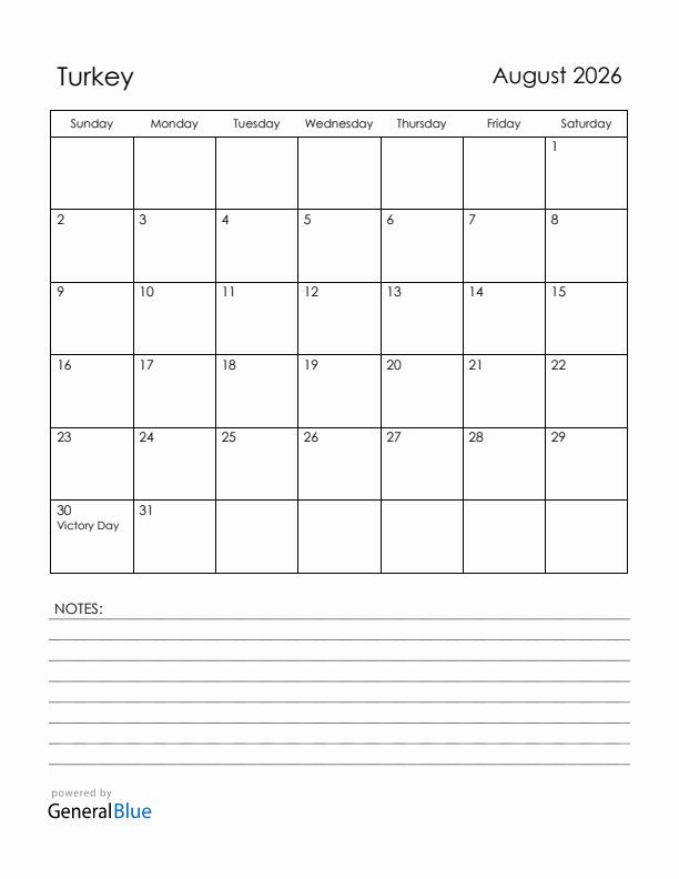 August 2026 Turkey Calendar with Holidays (Sunday Start)