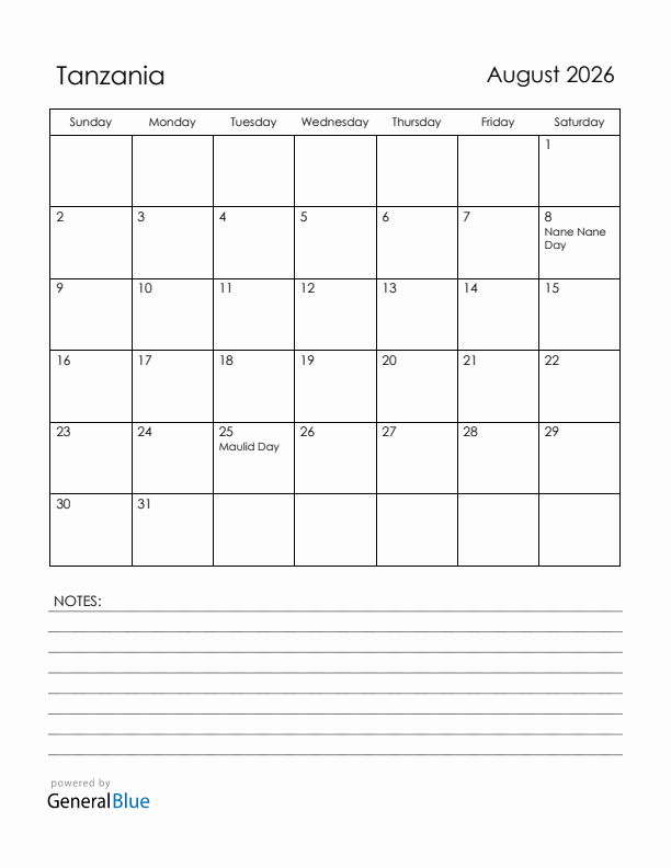 August 2026 Tanzania Calendar with Holidays (Sunday Start)