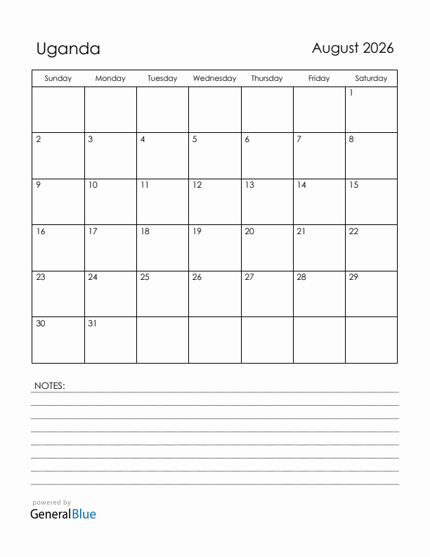 August 2026 Uganda Calendar with Holidays (Sunday Start)