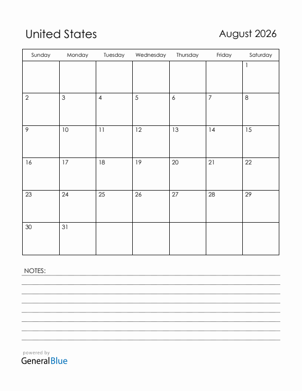 August 2026 United States Calendar with Holidays (Sunday Start)