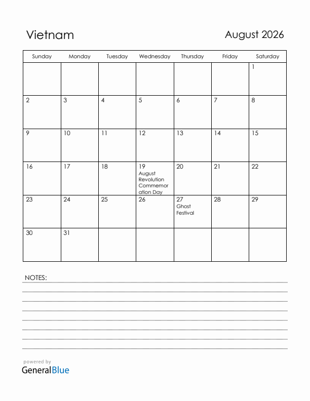 August 2026 Vietnam Calendar with Holidays (Sunday Start)