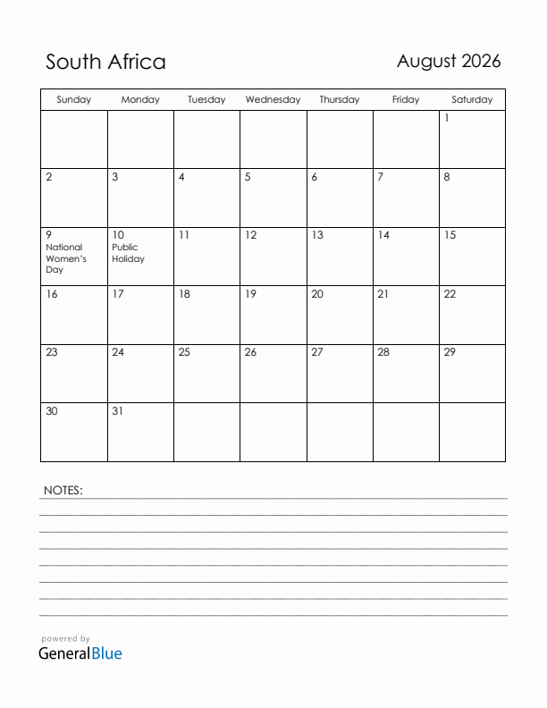 August 2026 South Africa Calendar with Holidays (Sunday Start)