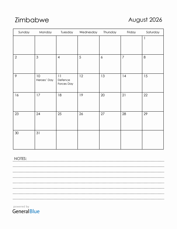 August 2026 Zimbabwe Calendar with Holidays (Sunday Start)