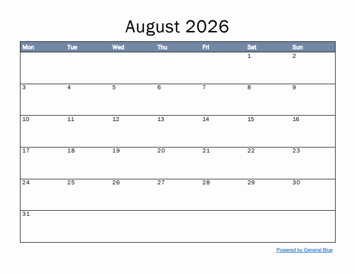 August 2026 Simple Month Calendar Template