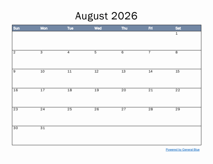 August 2026 Simple Month Calendar Template