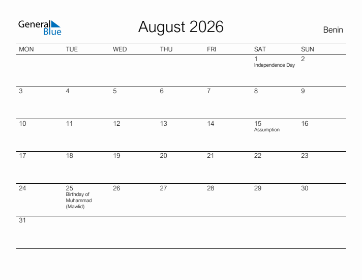 Printable August 2026 Calendar for Benin