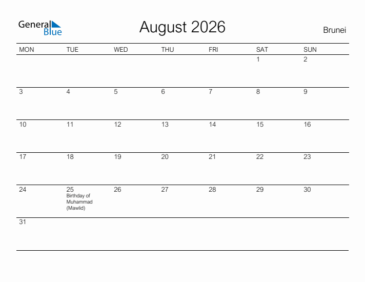 Printable August 2026 Calendar for Brunei