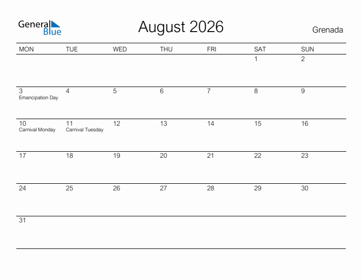 Printable August 2026 Calendar for Grenada