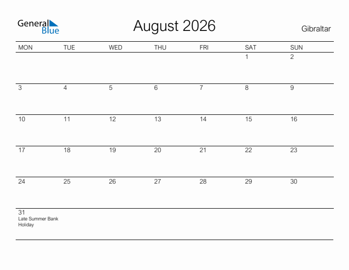 Printable August 2026 Calendar for Gibraltar