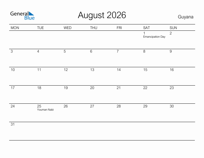 Printable August 2026 Calendar for Guyana