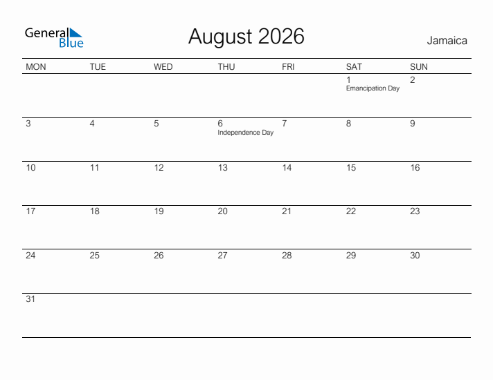 Printable August 2026 Calendar for Jamaica