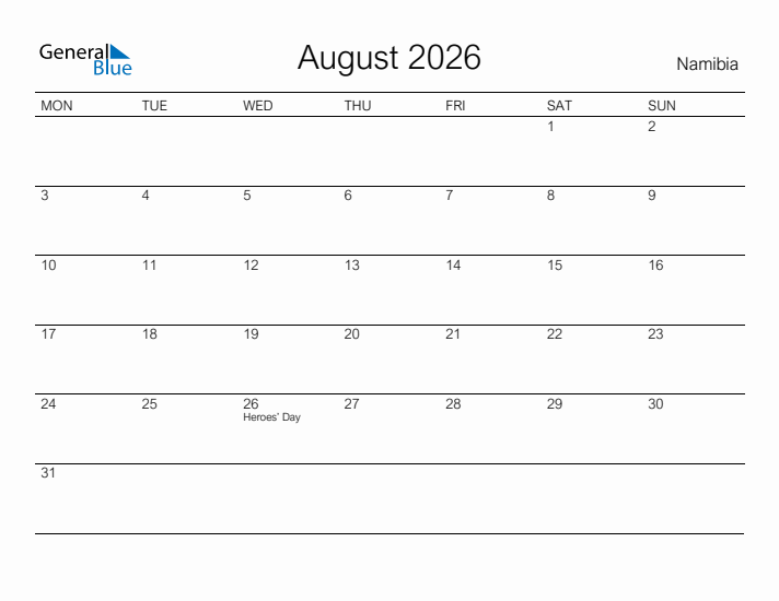 Printable August 2026 Calendar for Namibia