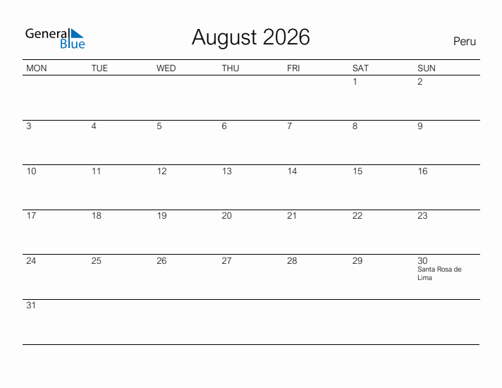 Printable August 2026 Calendar for Peru