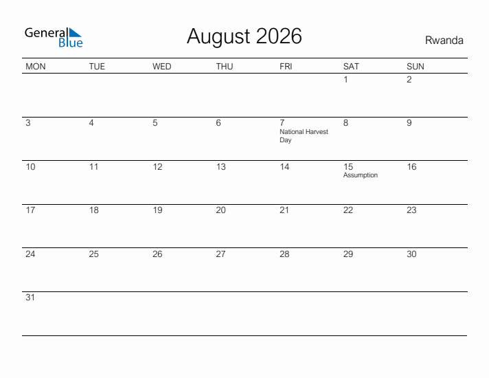 Printable August 2026 Calendar for Rwanda