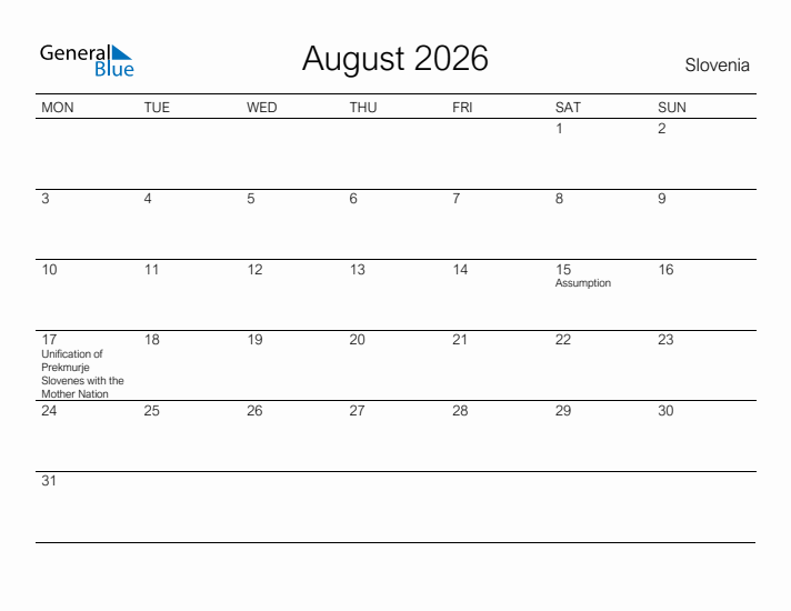 Printable August 2026 Calendar for Slovenia