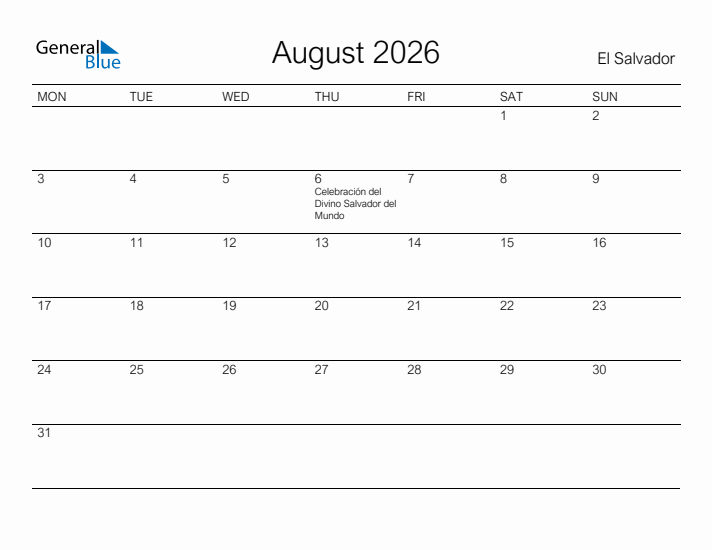 Printable August 2026 Calendar for El Salvador