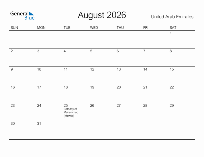 Printable August 2026 Calendar for United Arab Emirates