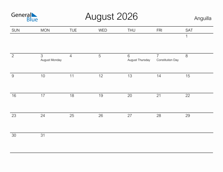 Printable August 2026 Calendar for Anguilla