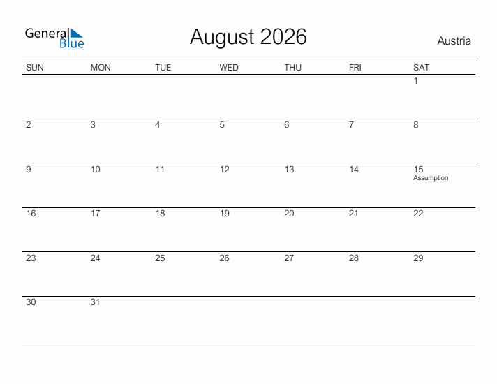 Printable August 2026 Calendar for Austria