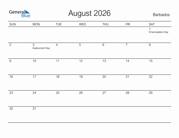 Printable August 2026 Calendar for Barbados