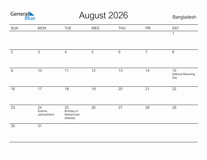 Printable August 2026 Calendar for Bangladesh