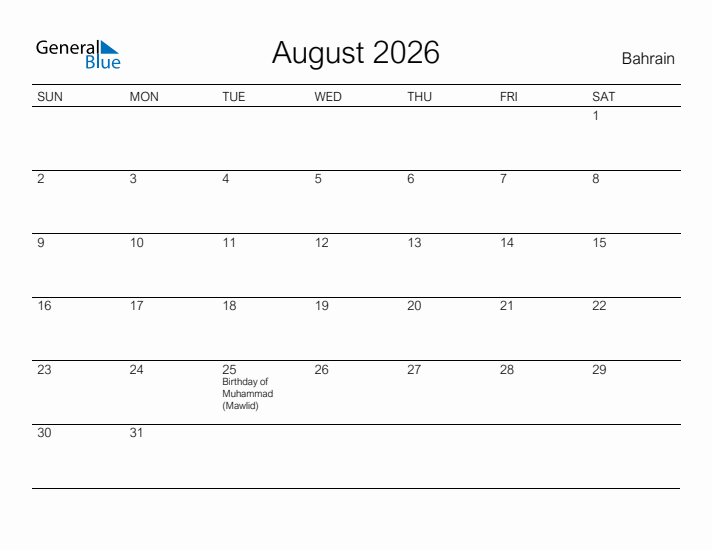 Printable August 2026 Calendar for Bahrain