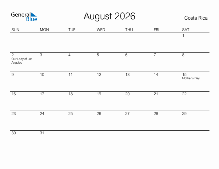 Printable August 2026 Calendar for Costa Rica