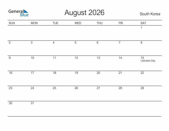 Printable August 2026 Calendar for South Korea