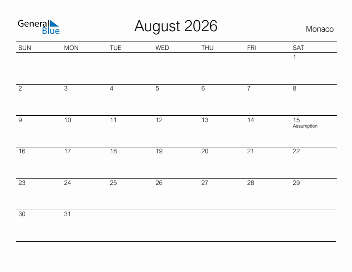 Printable August 2026 Calendar for Monaco