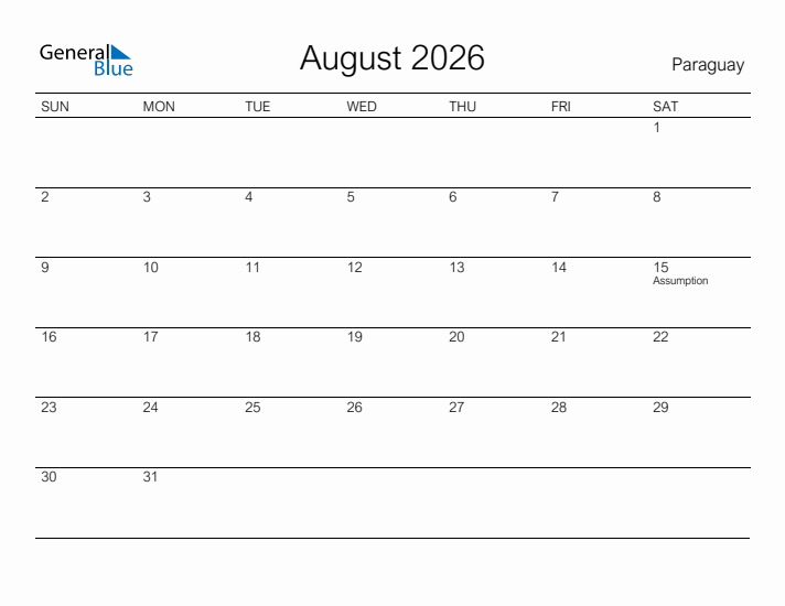 Printable August 2026 Calendar for Paraguay