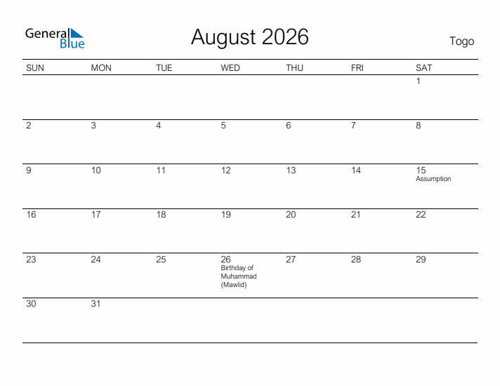 Printable August 2026 Calendar for Togo