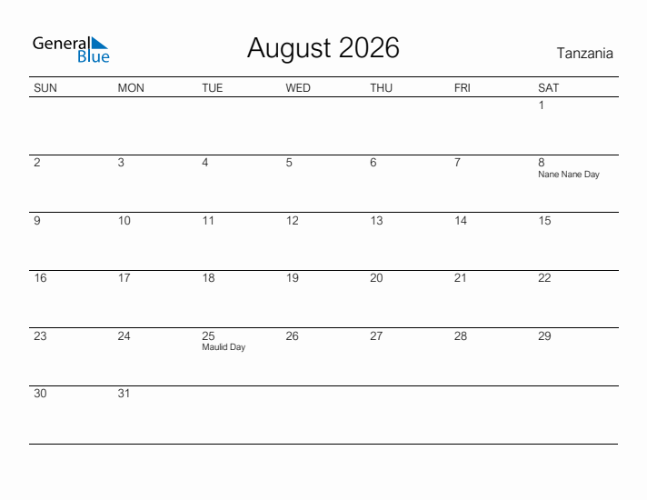 Printable August 2026 Calendar for Tanzania