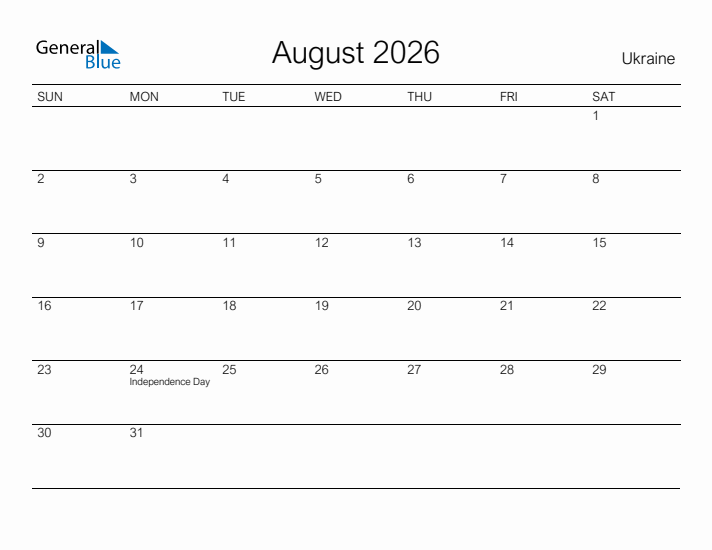 Printable August 2026 Calendar for Ukraine