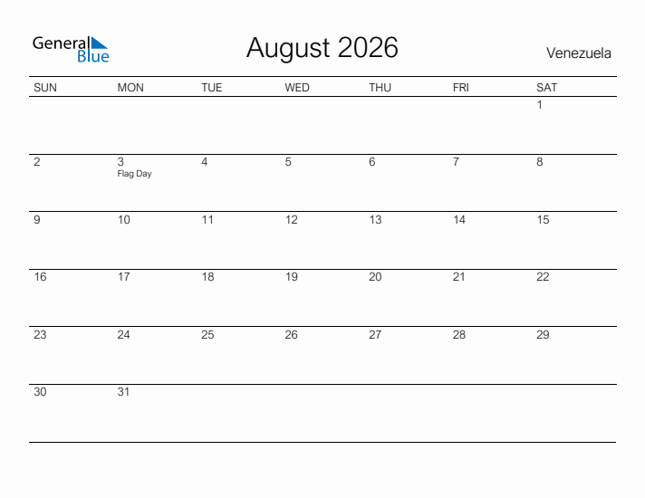 Printable August 2026 Calendar for Venezuela