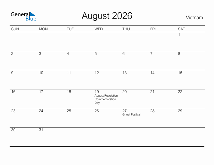 Printable August 2026 Calendar for Vietnam