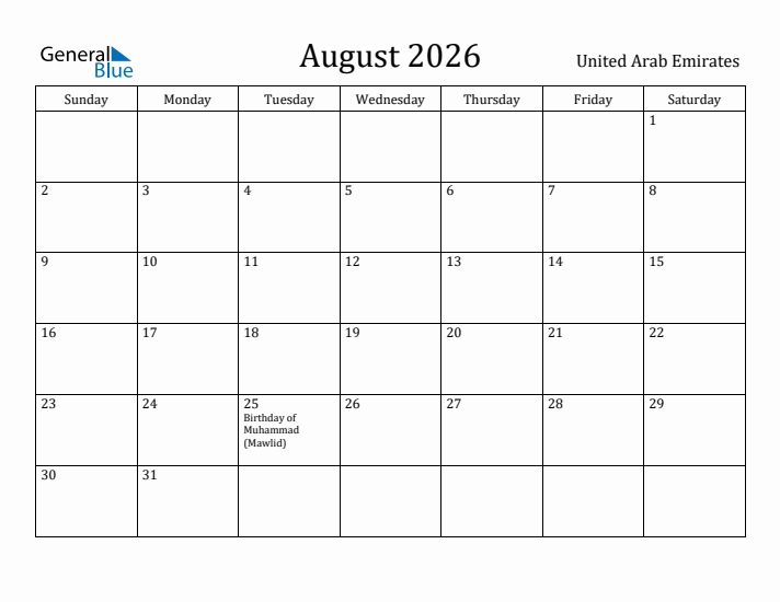 August 2026 Calendar United Arab Emirates