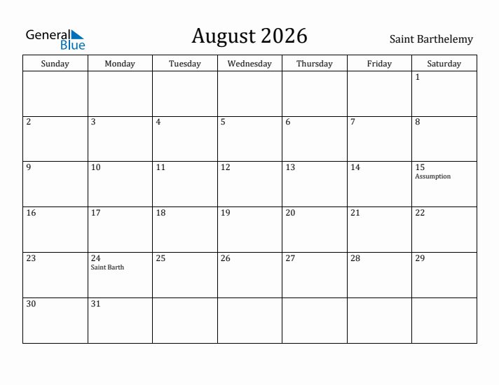 August 2026 Calendar Saint Barthelemy