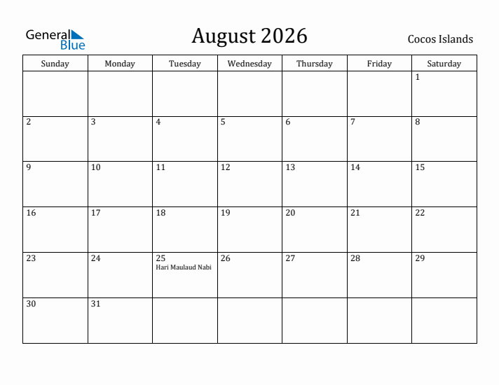 August 2026 Calendar Cocos Islands