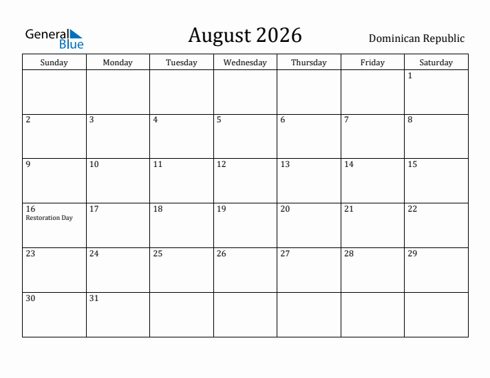 August 2026 Calendar Dominican Republic