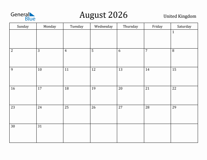 August 2026 Calendar United Kingdom