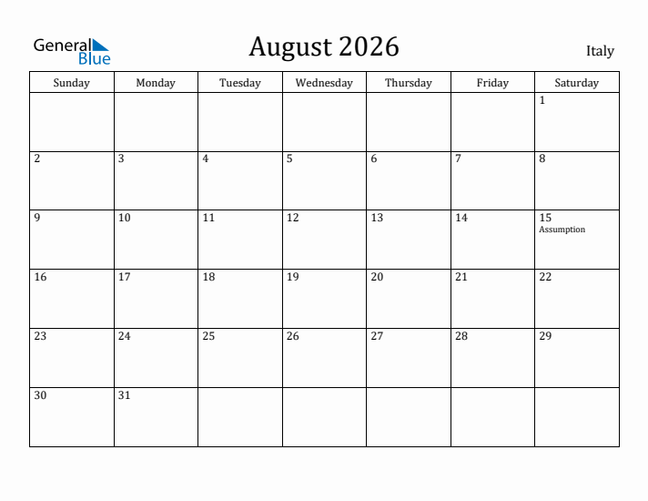 August 2026 Calendar Italy