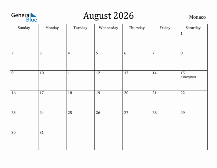 August 2026 Calendar Monaco