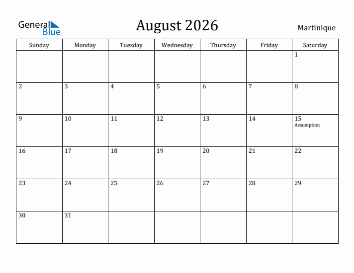 August 2026 Calendar Martinique