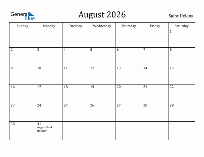 August 2026 Calendar Saint Helena