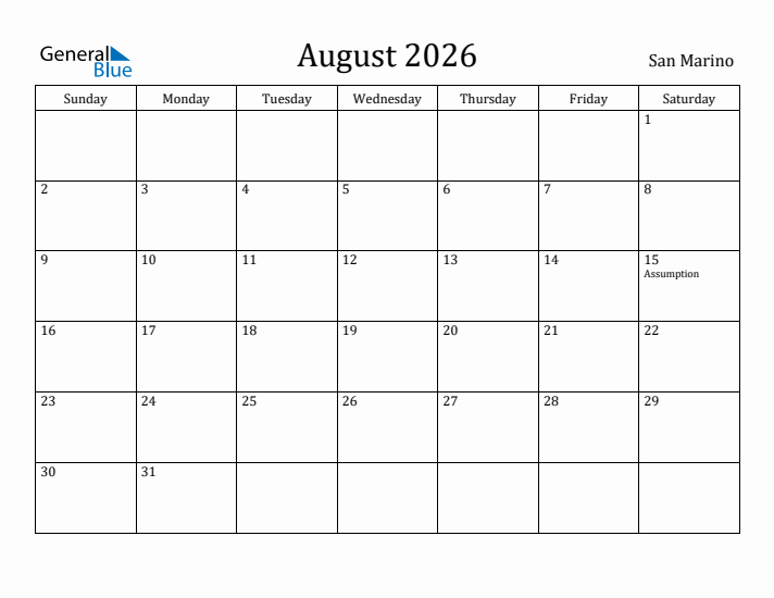 August 2026 Calendar San Marino