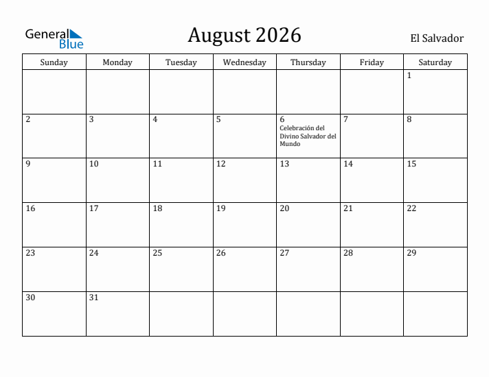 August 2026 Calendar El Salvador