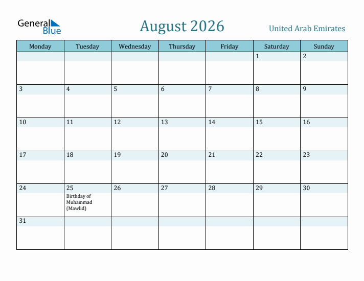 August 2026 Calendar with Holidays