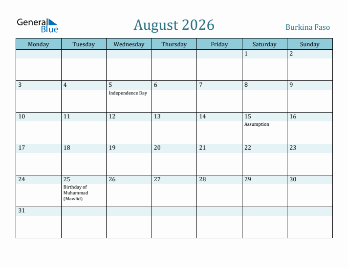 August 2026 Calendar with Holidays