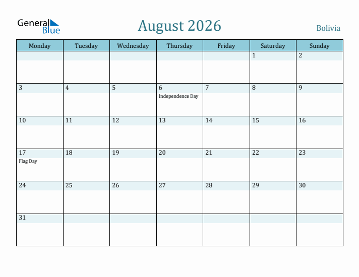 August 2026 Calendar with Holidays