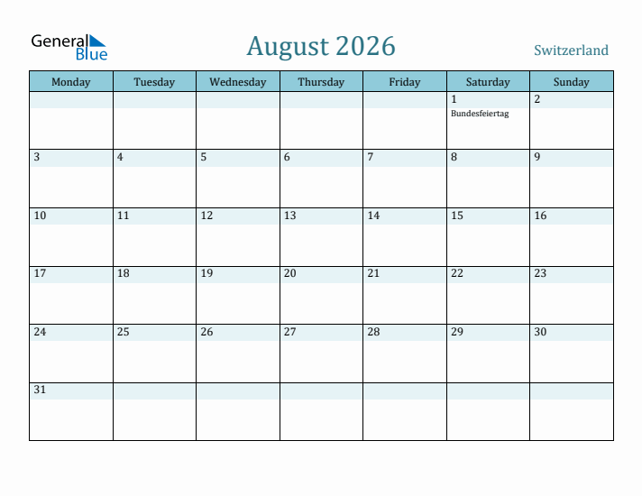 August 2026 Calendar with Holidays